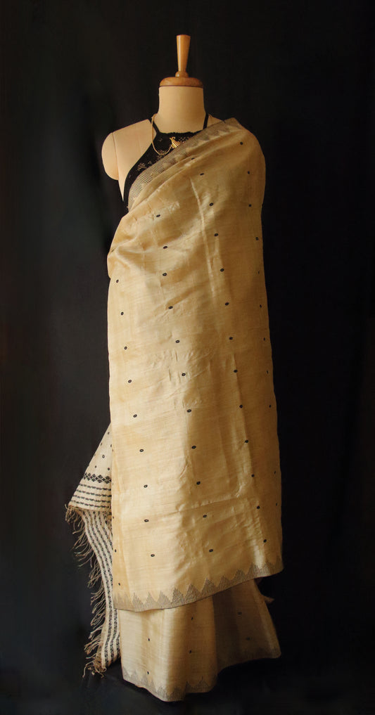 Authentic Muga Silk Saree with black motifs from Assam