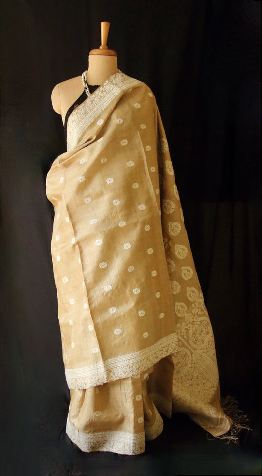 Handloom Authentic Muga Silk Sari with Eri silk Motifs from Assam