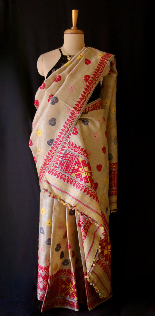 Authentic Muga Silk Traditional Design Mekhela Chador Set from Assam