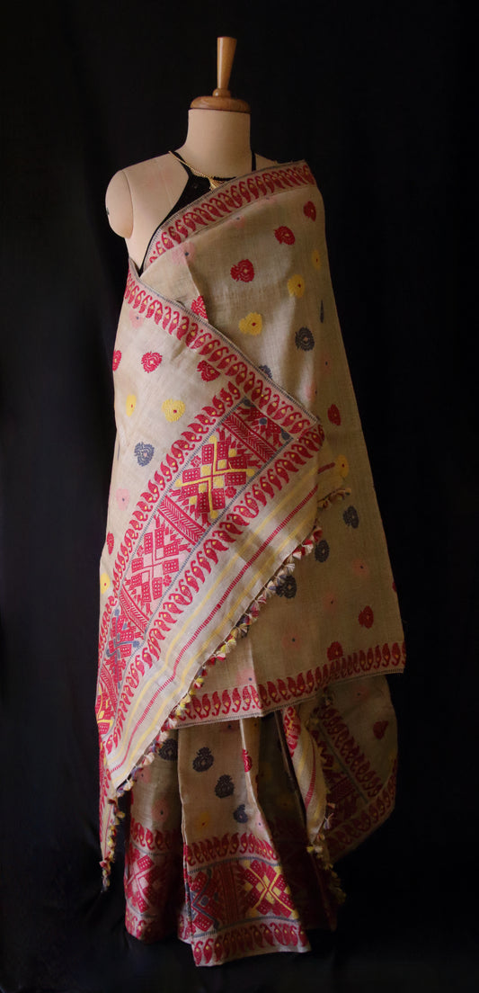 Authentic Muga Silk Traditional Design Mekhela Chador Set from Assam
