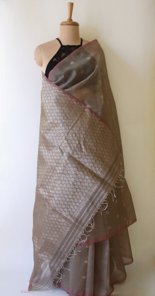 Natural Dyed  Handloom Organza  Silk Sari From Assam