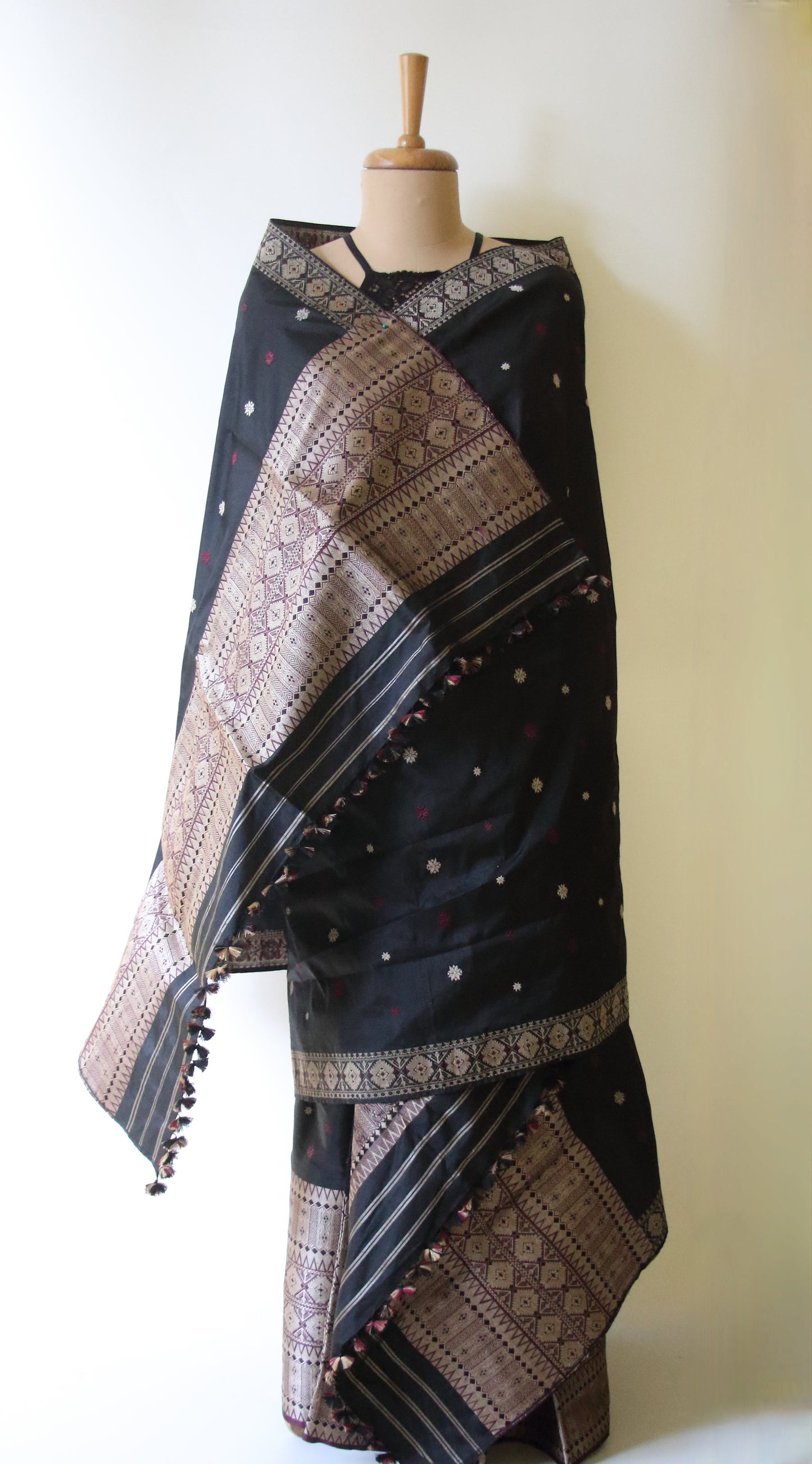 Black Natural Dyed  Mulberry Silk Traditional Mekhla Chador Set