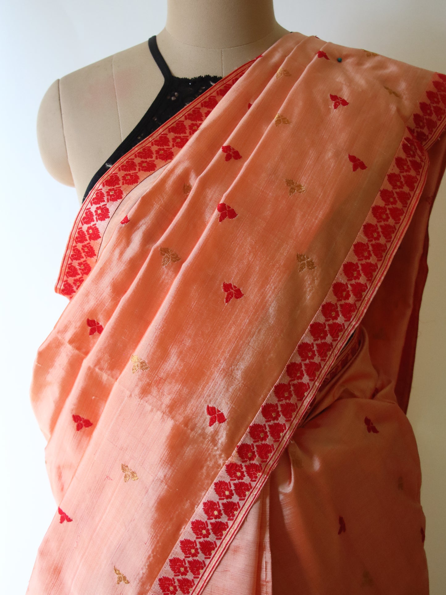 Two Tone Orange Colour Handloom Mulberry Silk Saree from Assam