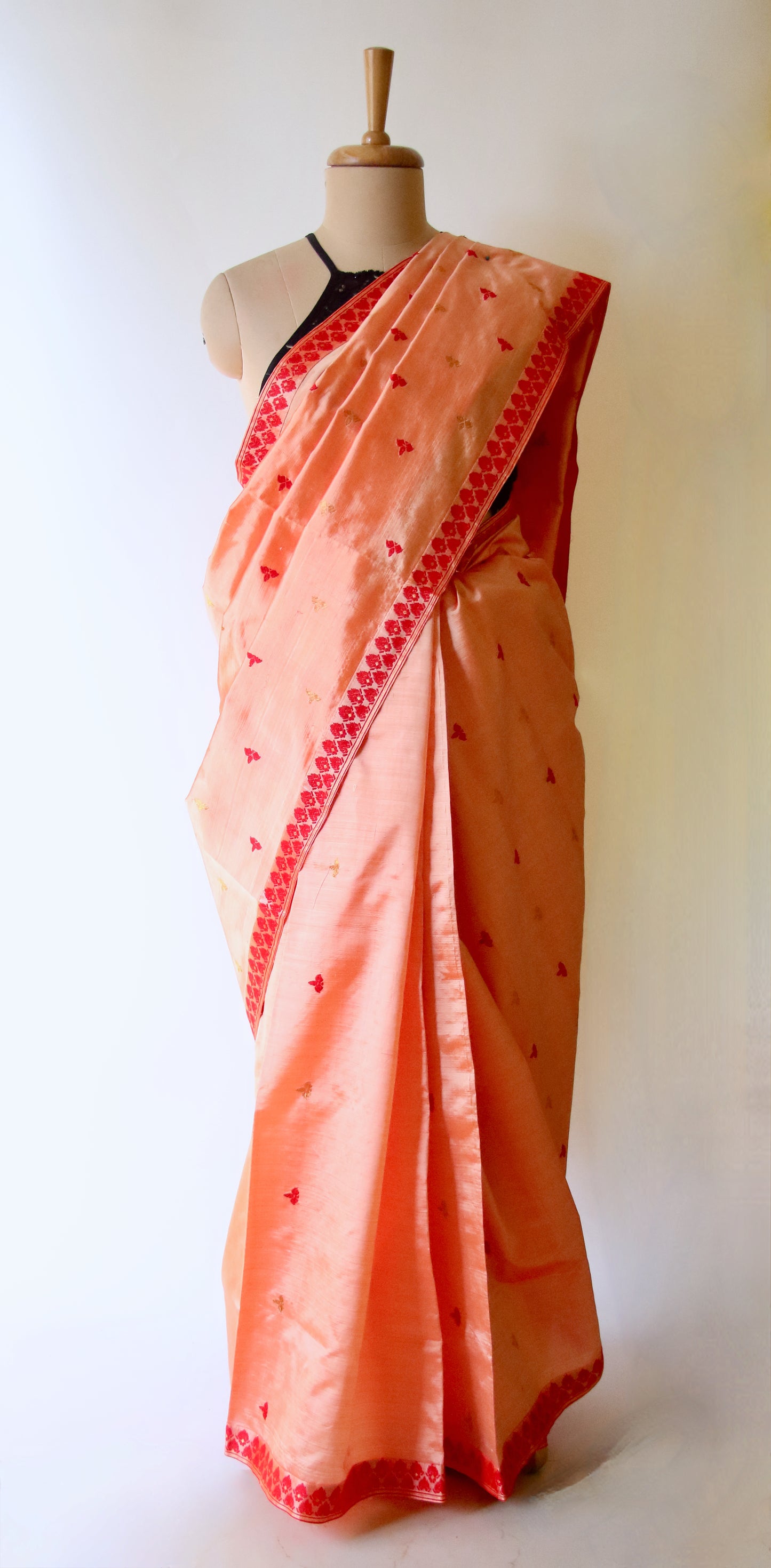 Two Tone Orange Colour Handloom Mulberry Silk Saree from Assam