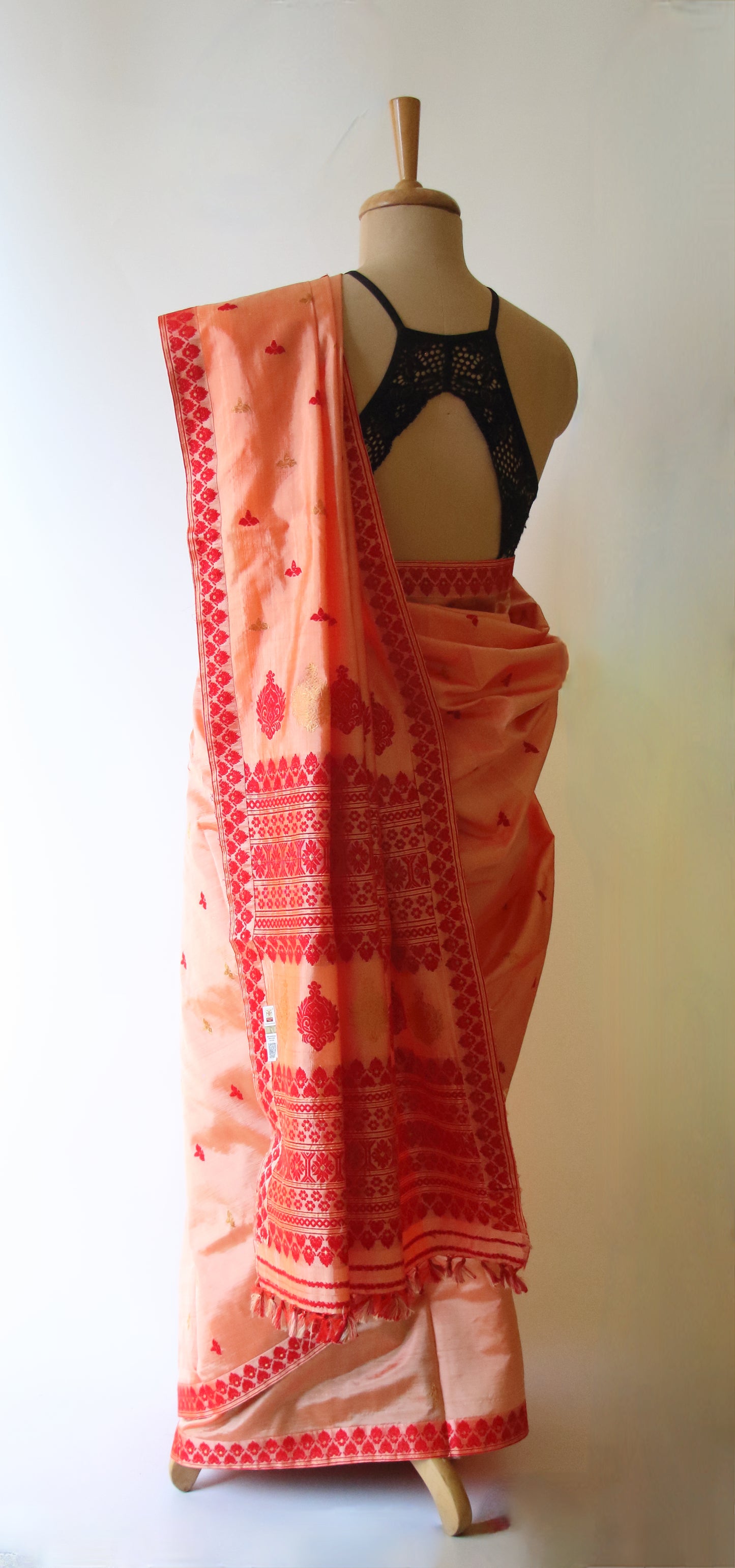Two Tone Orange Colour Handloom Mulberry Silk Saree from Assam
