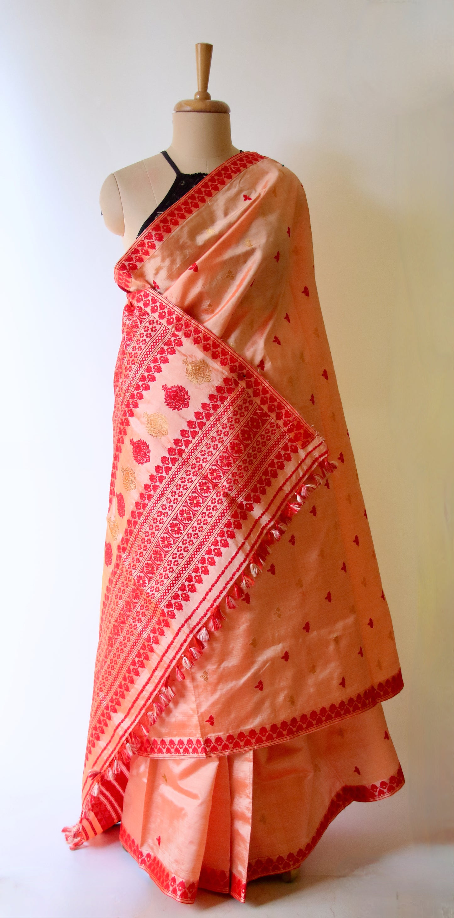 Two Tone Orange Colour Handloom Mulberry Silk Saree from Assam