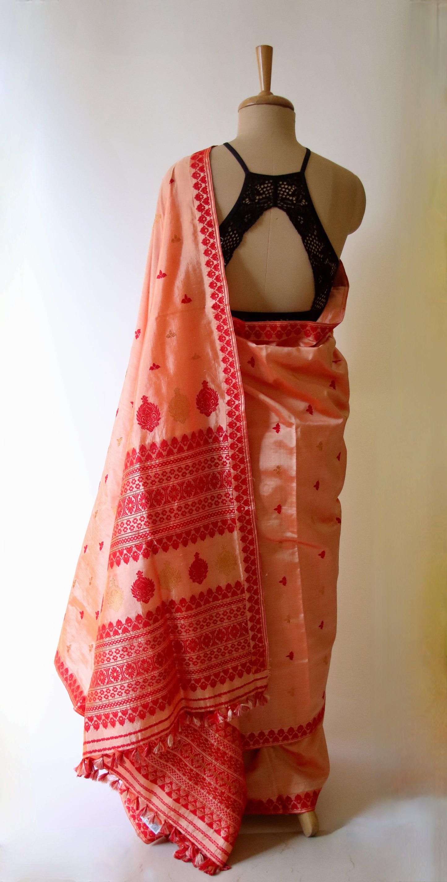 Two Tone Orange Colour Handloom Mulberry Silk Saree from Assam