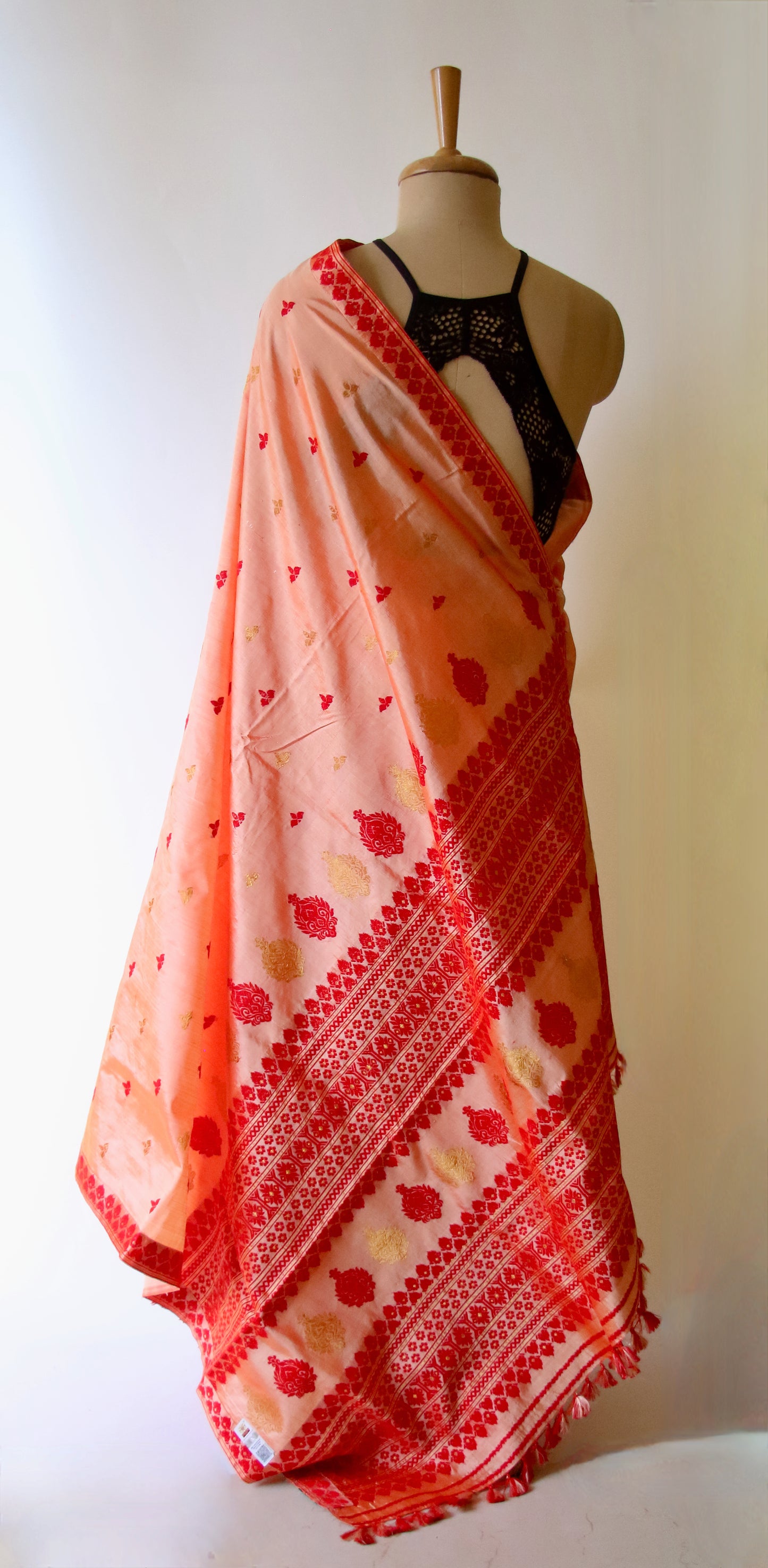 Two Tone Orange Colour Handloom Mulberry Silk Saree from Assam