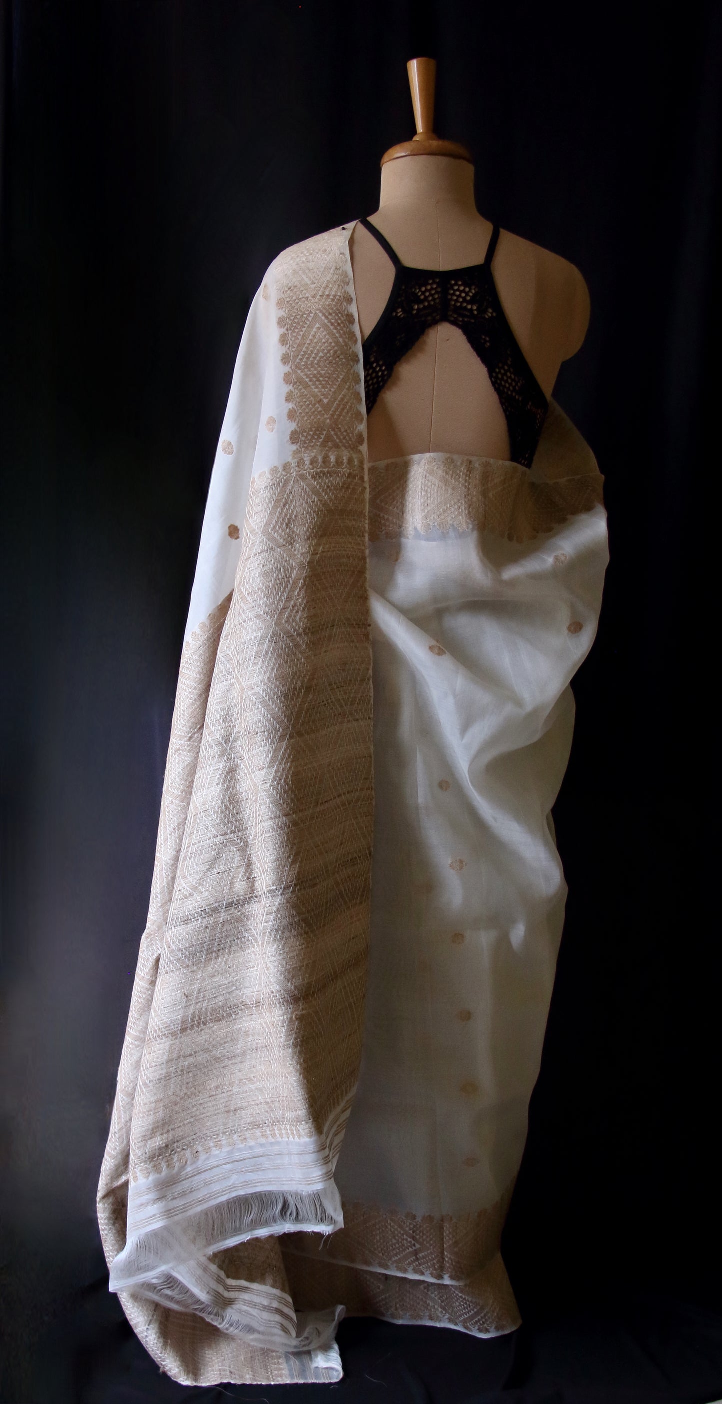 Natural Off White Handloom Silk Organza Saree from Assam