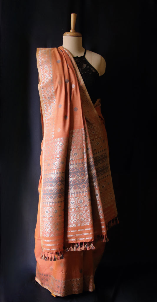 Natural Dyed Peach Handloom Eri Silk  Sari from Assam