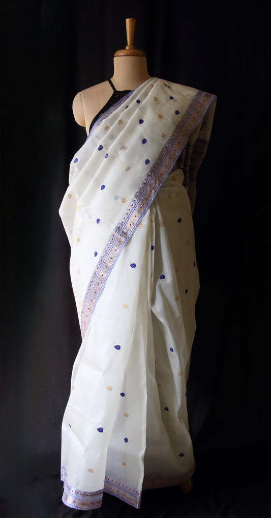 Off White Handloom Mulberry Silk Saree from Assam