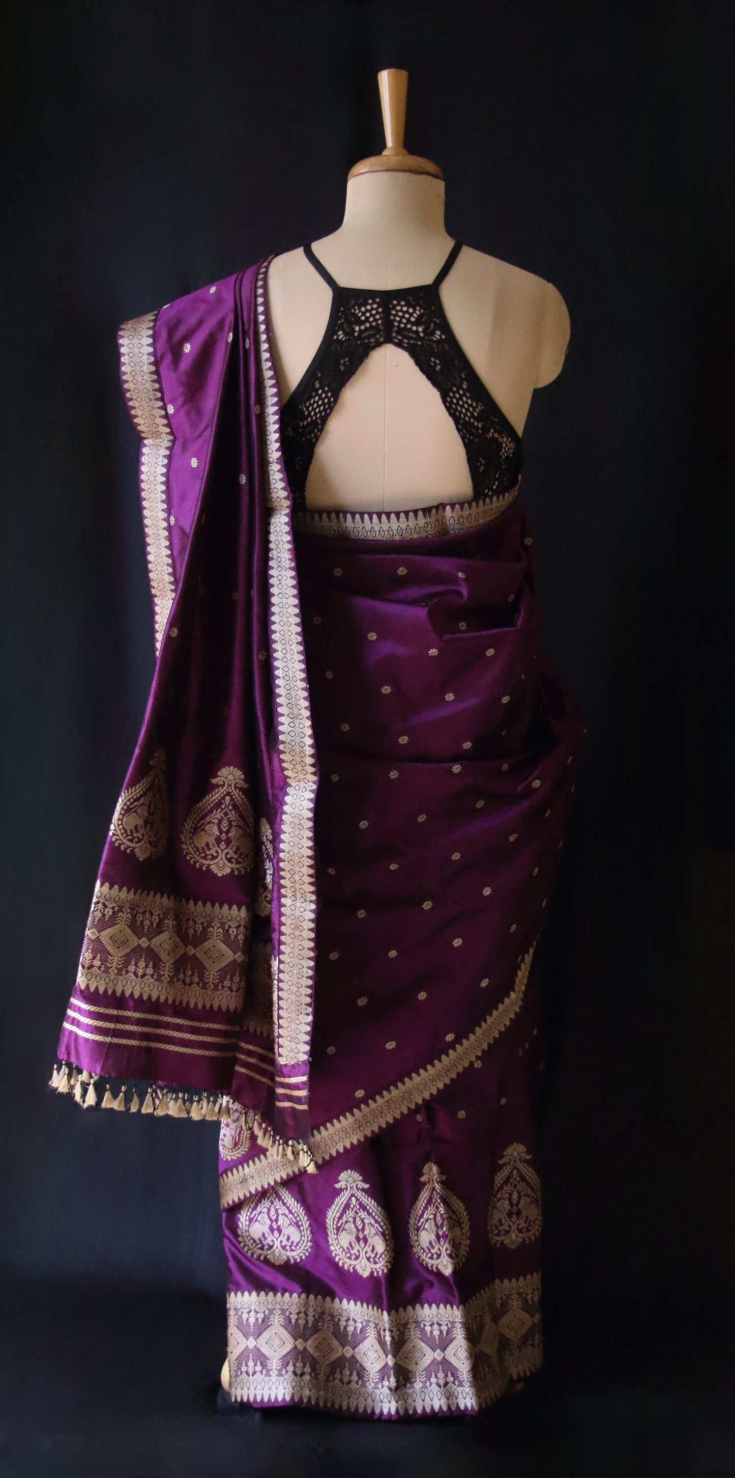 Deep Purple Mulberry Silk Traditional Mekhla Chador Set - Made to Order