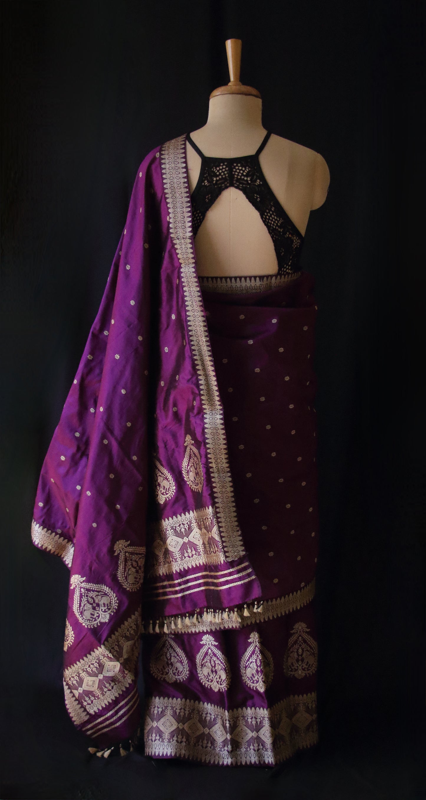 Deep Purple Mulberry Silk Traditional Mekhla Chador Set - Made to Order