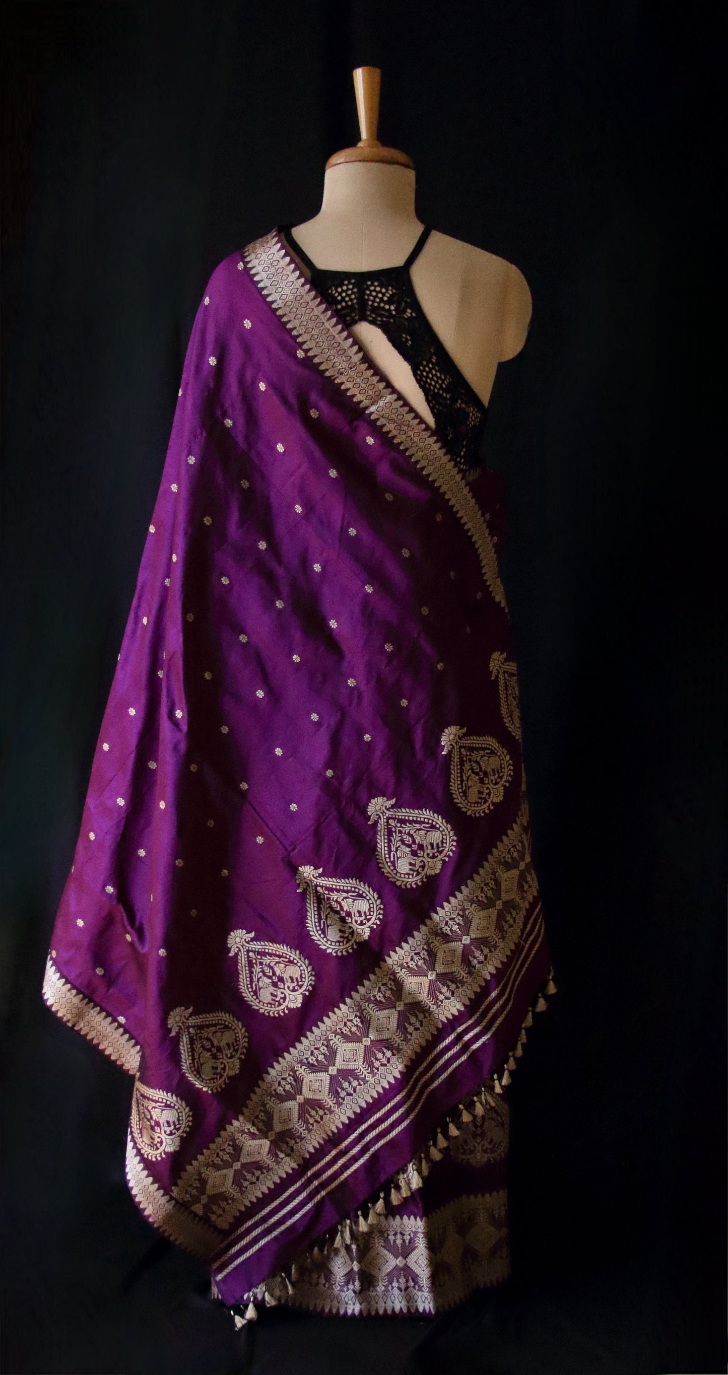 Deep Purple Mulberry Silk Traditional Mekhla Chador Set - Made to Order