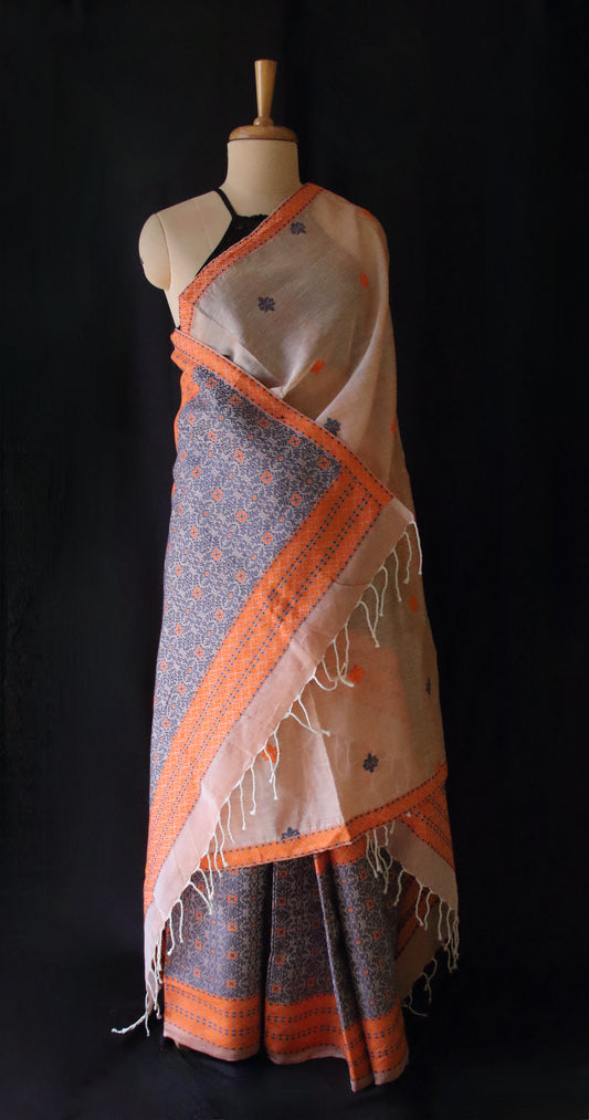 Peach Cotton Silk Traditional Handloom Mekhela Chador Set