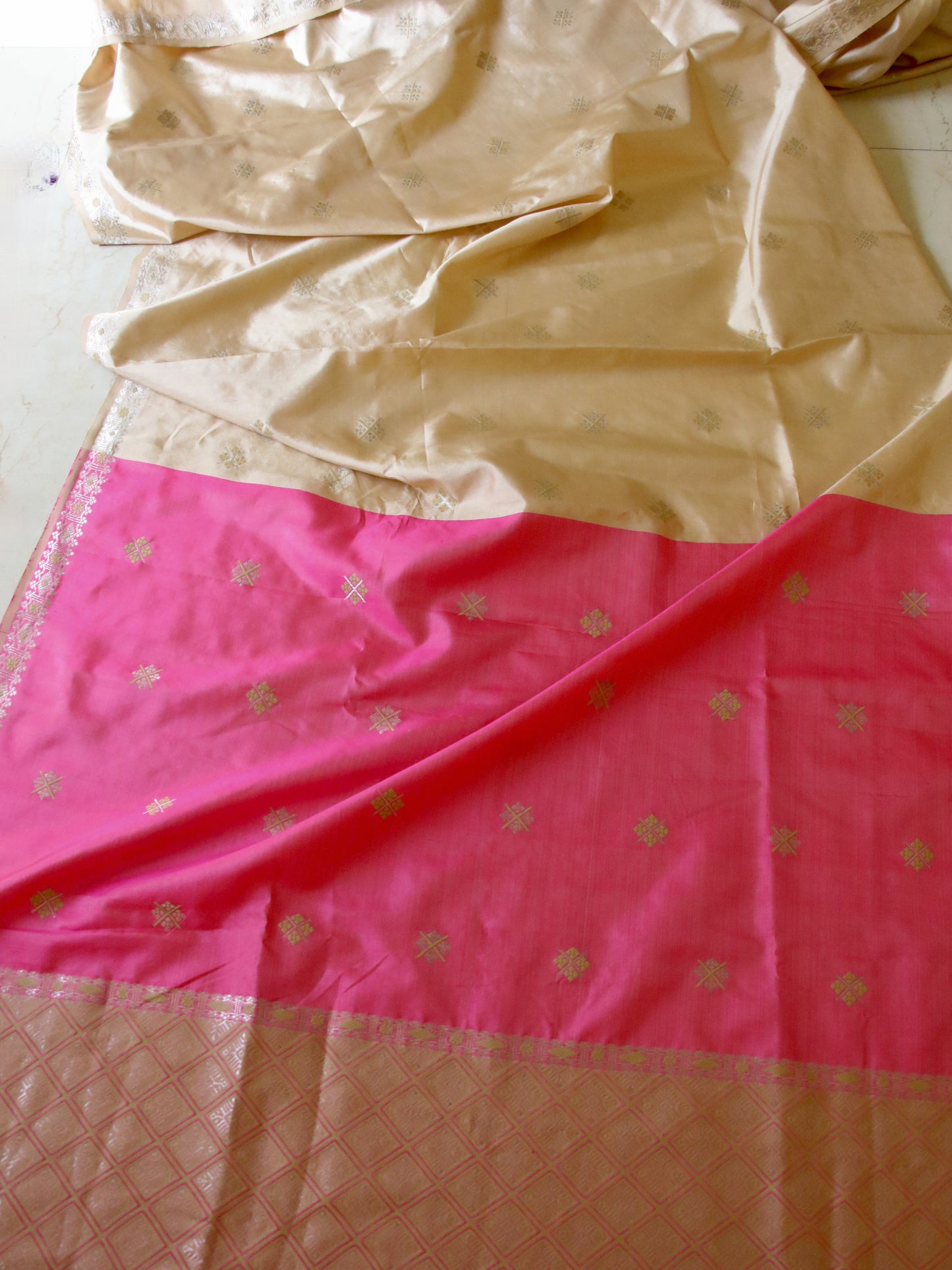 Beige / Pink Handloom Silk Saree from Assam
