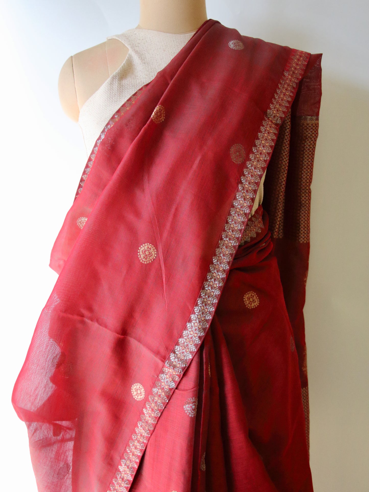 Red Handloom Cotton Silk Saree from Assam