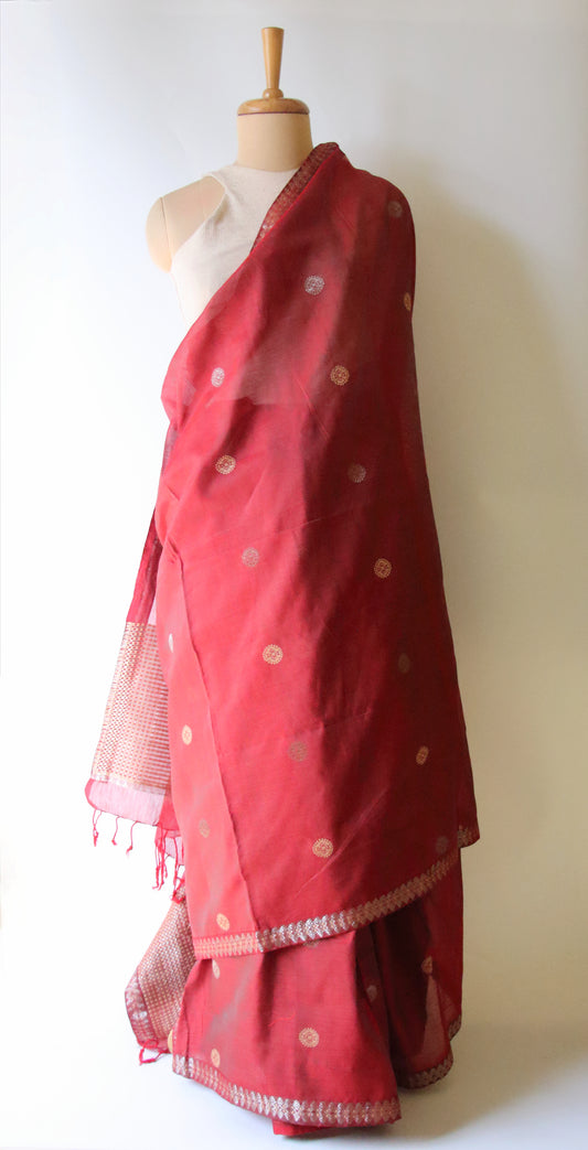 Red Handloom Cotton Silk Saree from Assam