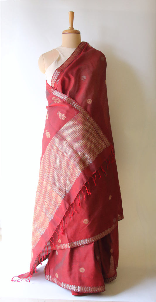 Red Handloom Cotton Silk Saree from Assam