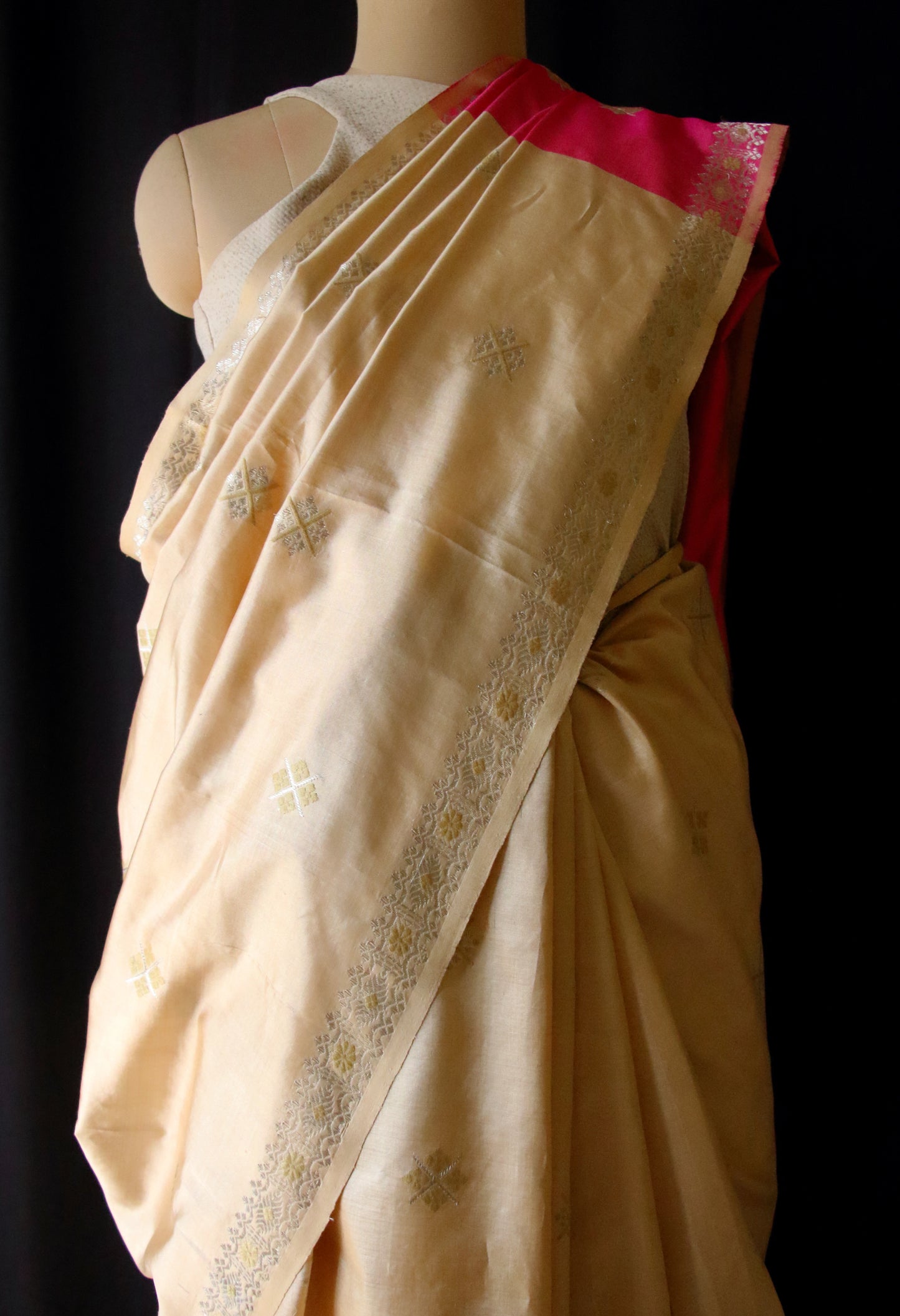 Beige / Pink Handloom Silk Saree from Assam