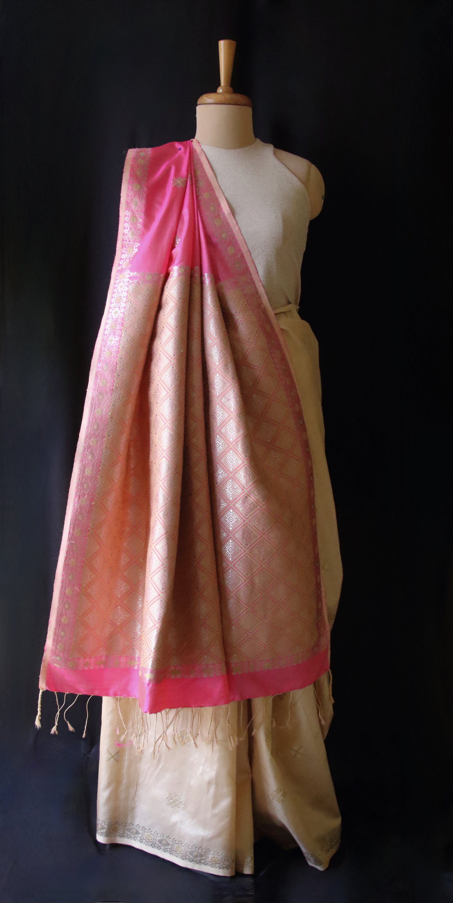 Beige / Pink Handloom Silk Saree from Assam