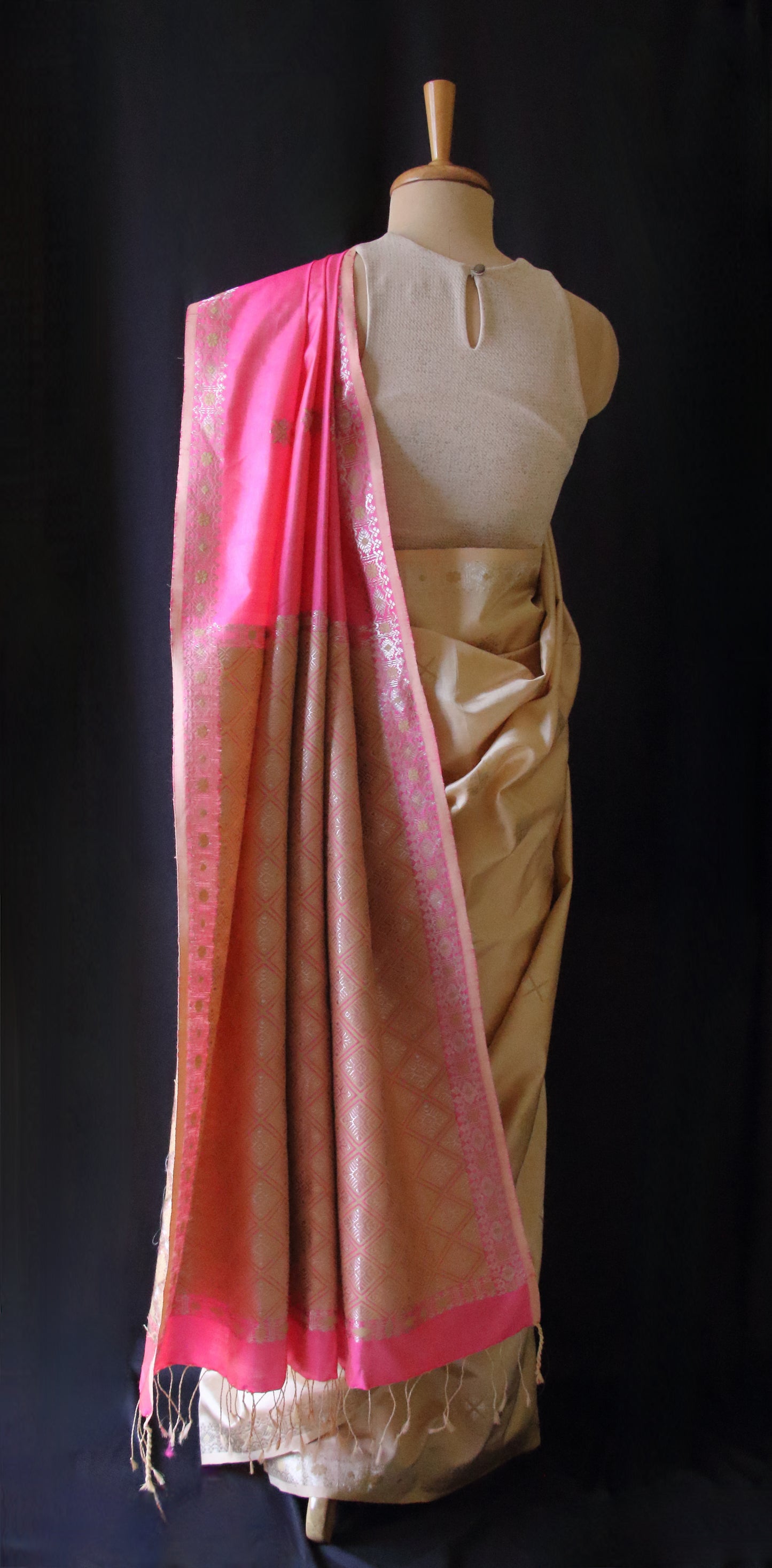 Beige / Pink Handloom Silk Saree from Assam