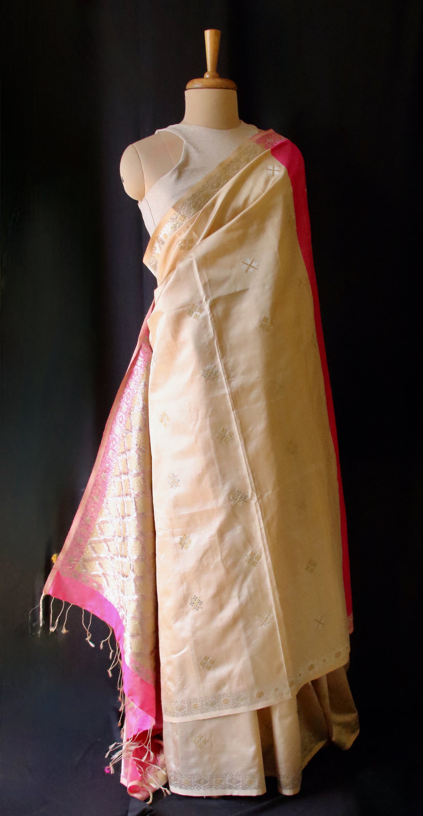 Beige / Pink Handloom Silk Saree from Assam