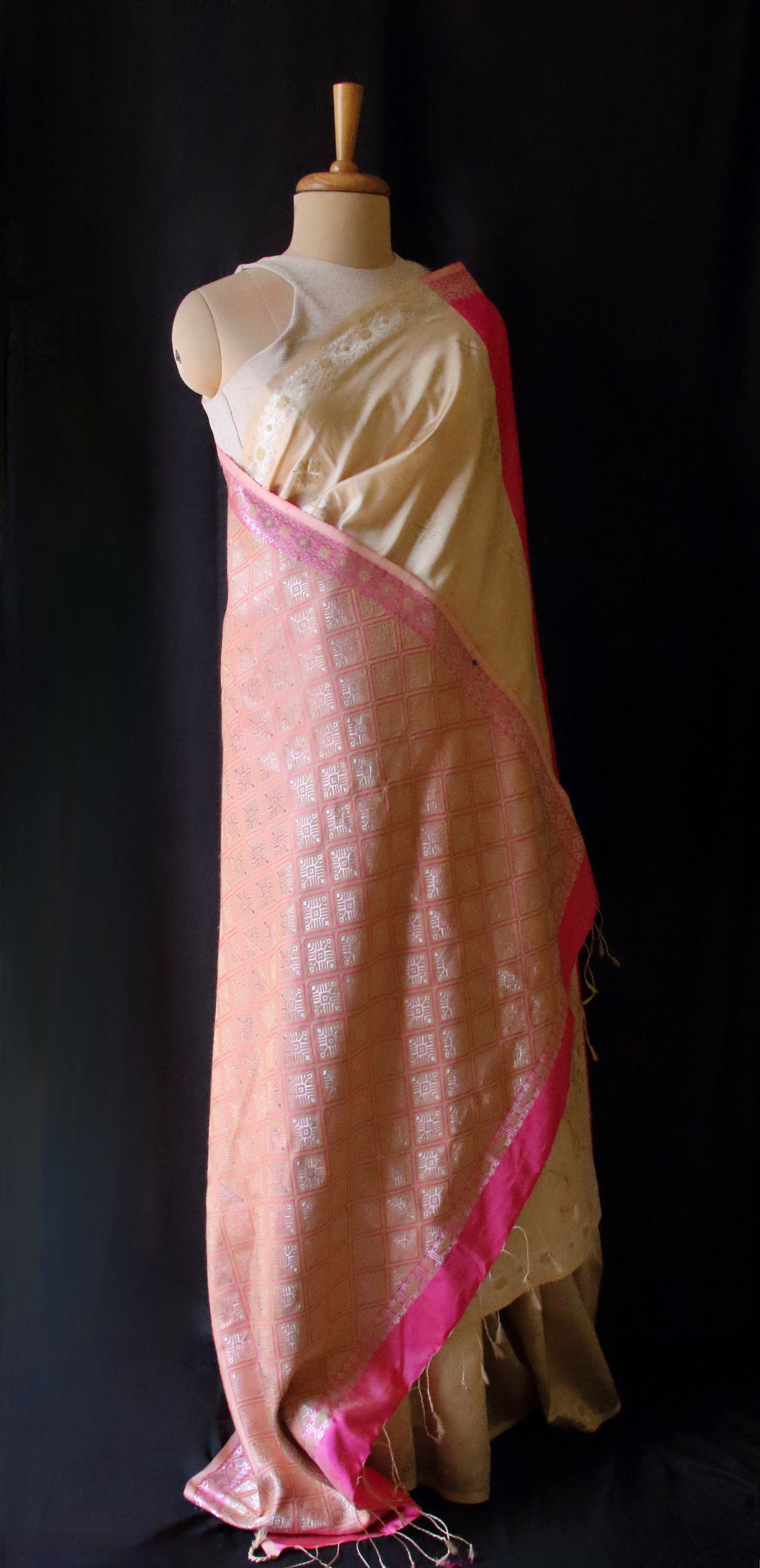 Beige / Pink Handloom Silk Saree from Assam