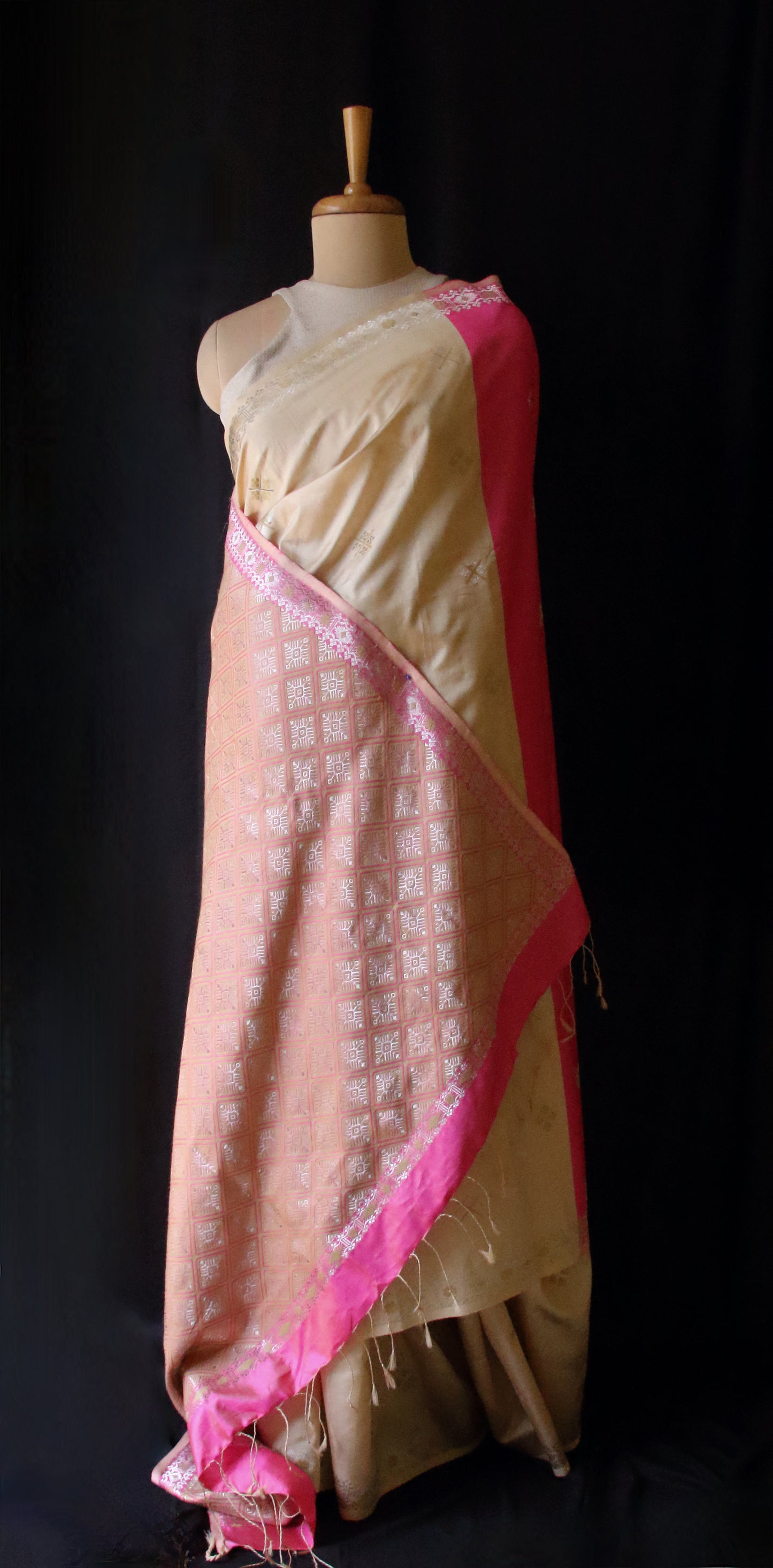 Beige / Pink Handloom Silk Saree from Assam