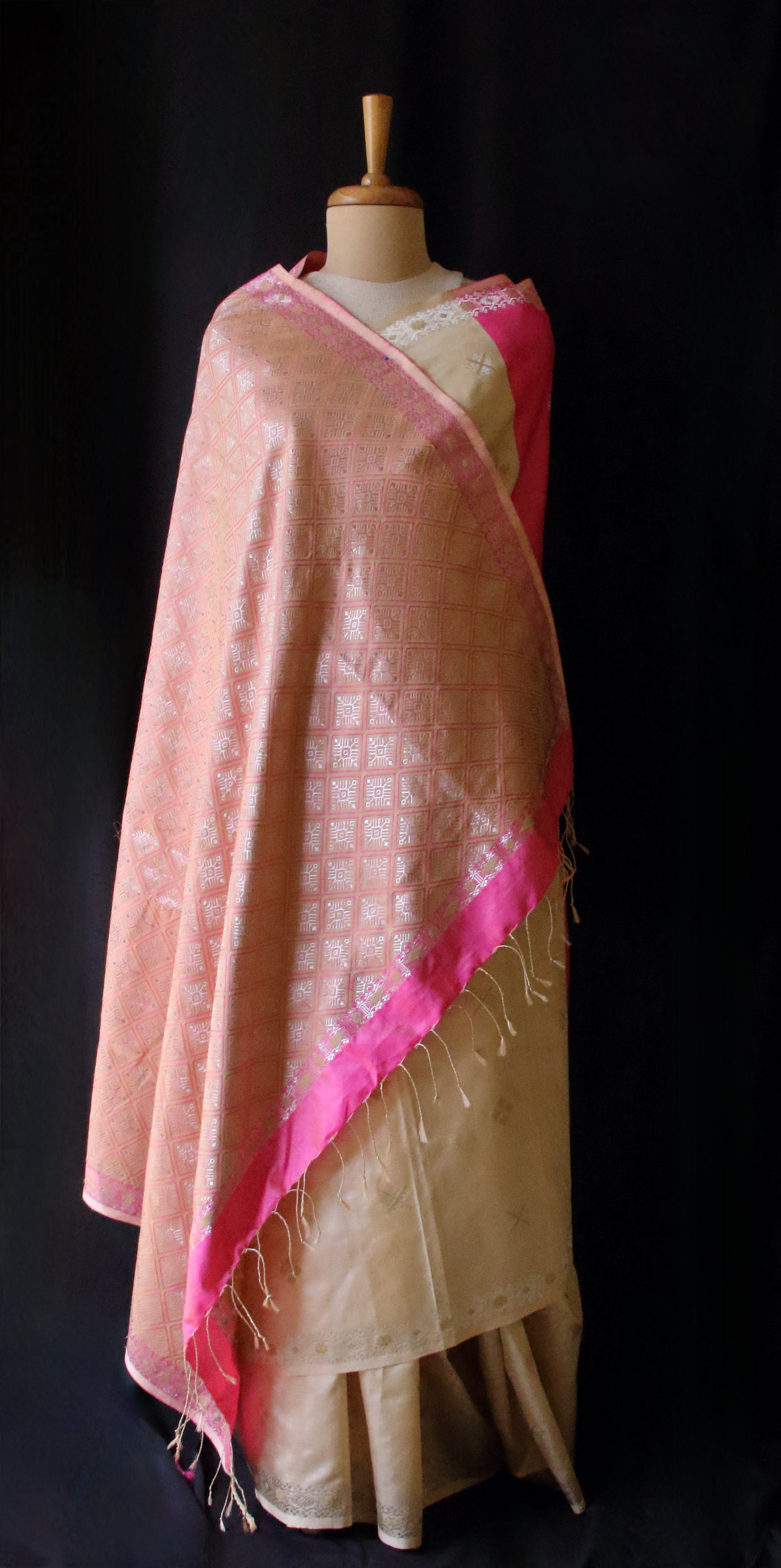 Beige / Pink Handloom Silk Saree from Assam