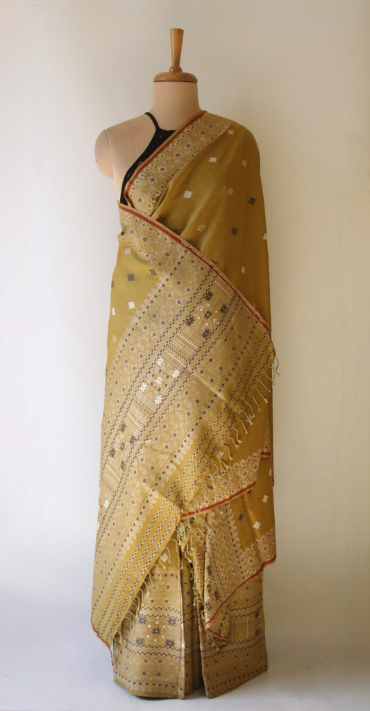 Olive Green Natural Dyed  Eri Silk Traditional Mekhela Chador Set