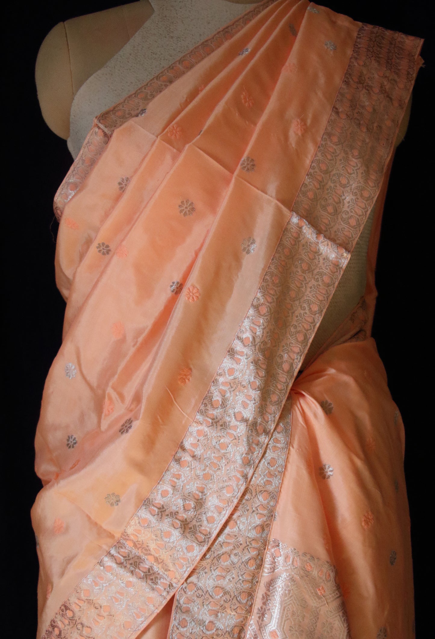 Peach Traditional Handloom Mulberry Silk Mekhla Chador Set from Assam