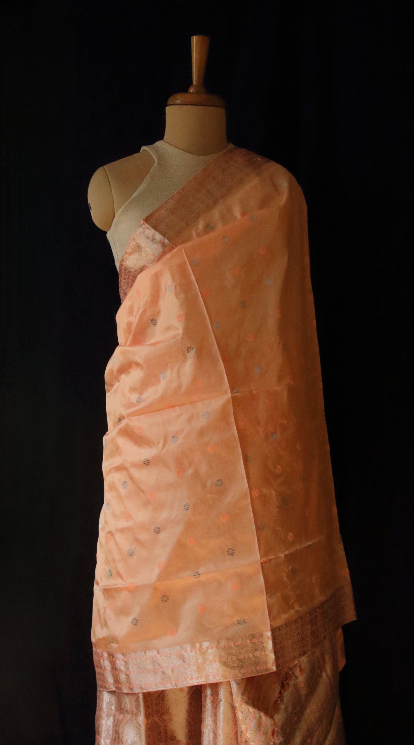 Peach Traditional Handloom Mulberry Silk Mekhla Chador Set from Assam