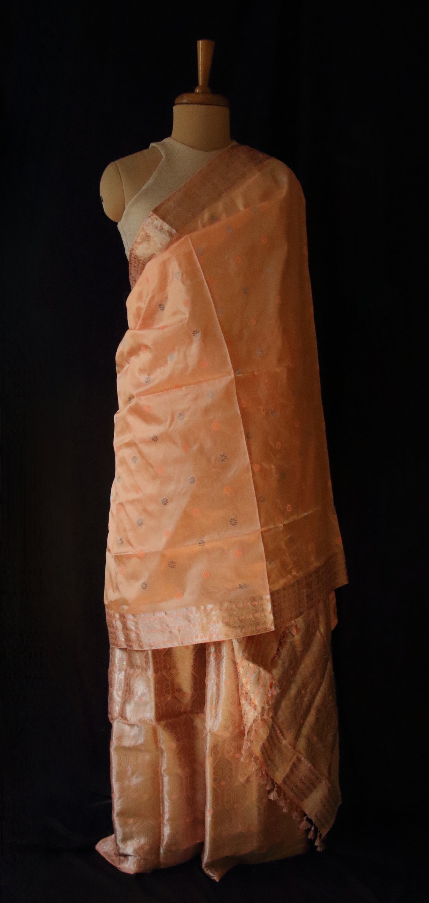 Peach Traditional Handloom Mulberry Silk Mekhla Chador Set from Assam
