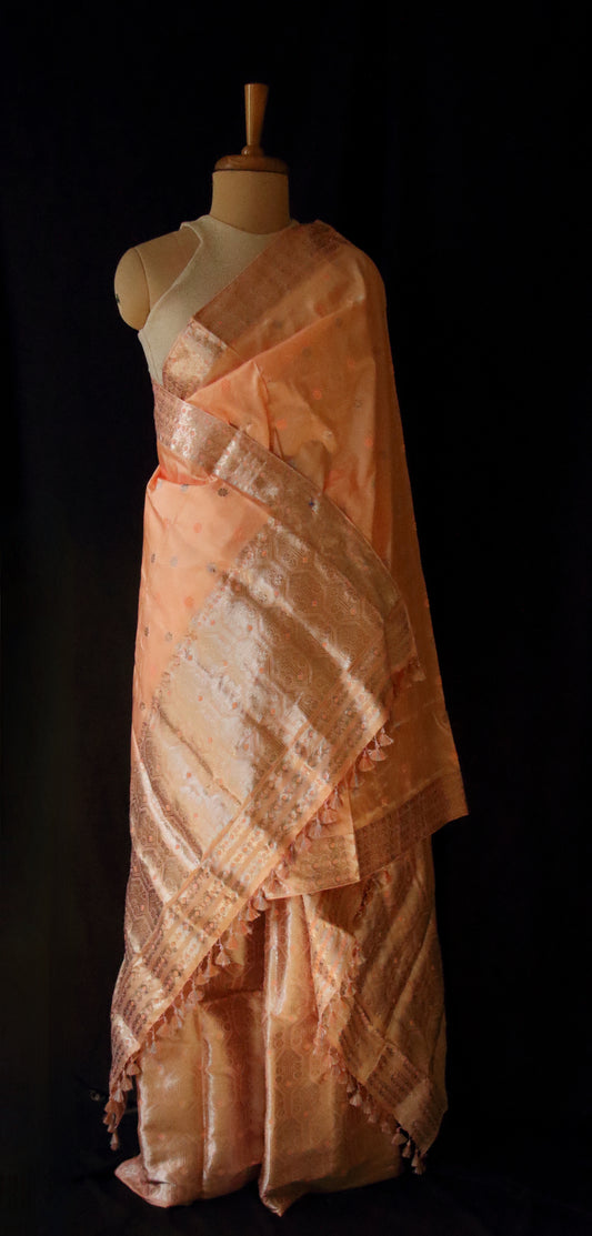 Peach Traditional Handloom Mulberry Silk Mekhla Chador Set from Assam