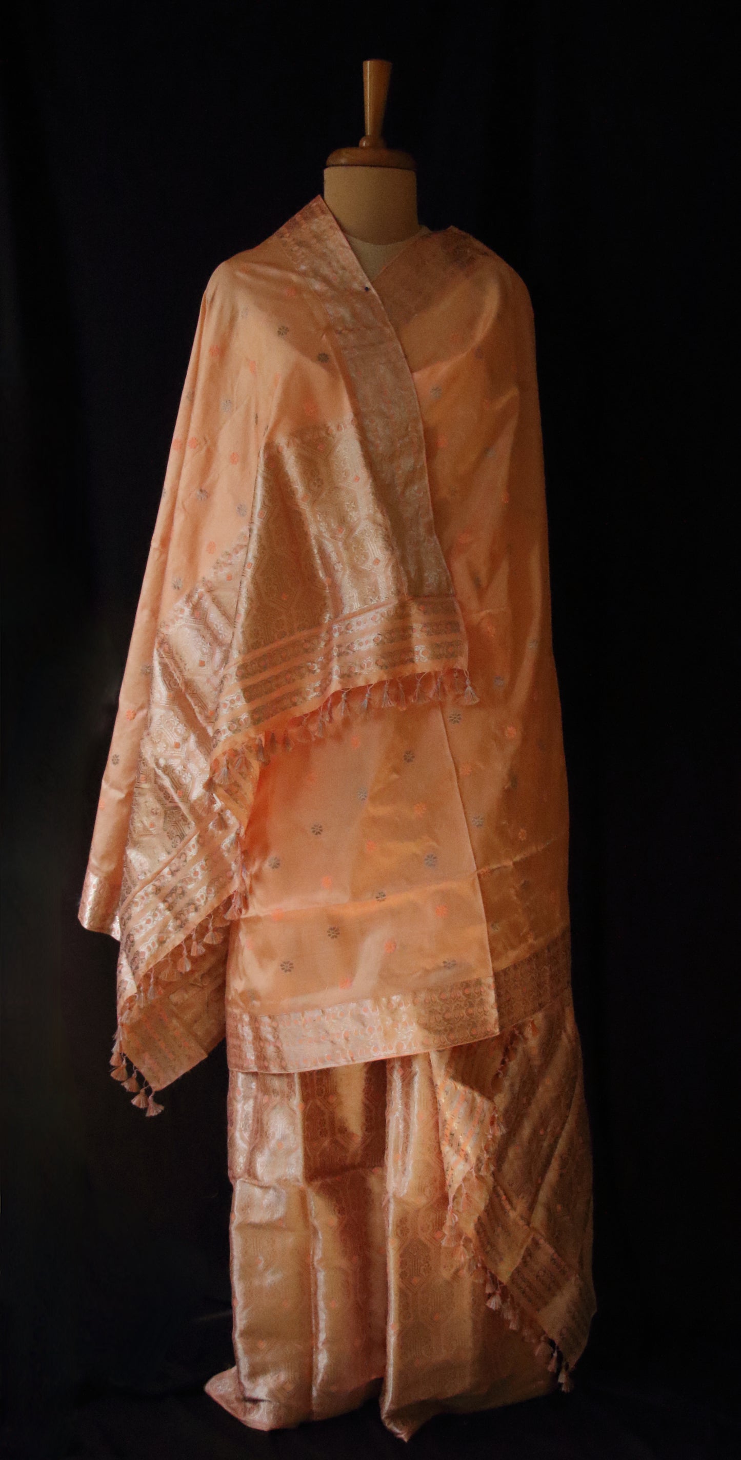 Peach Traditional Handloom Mulberry Silk Mekhla Chador Set from Assam