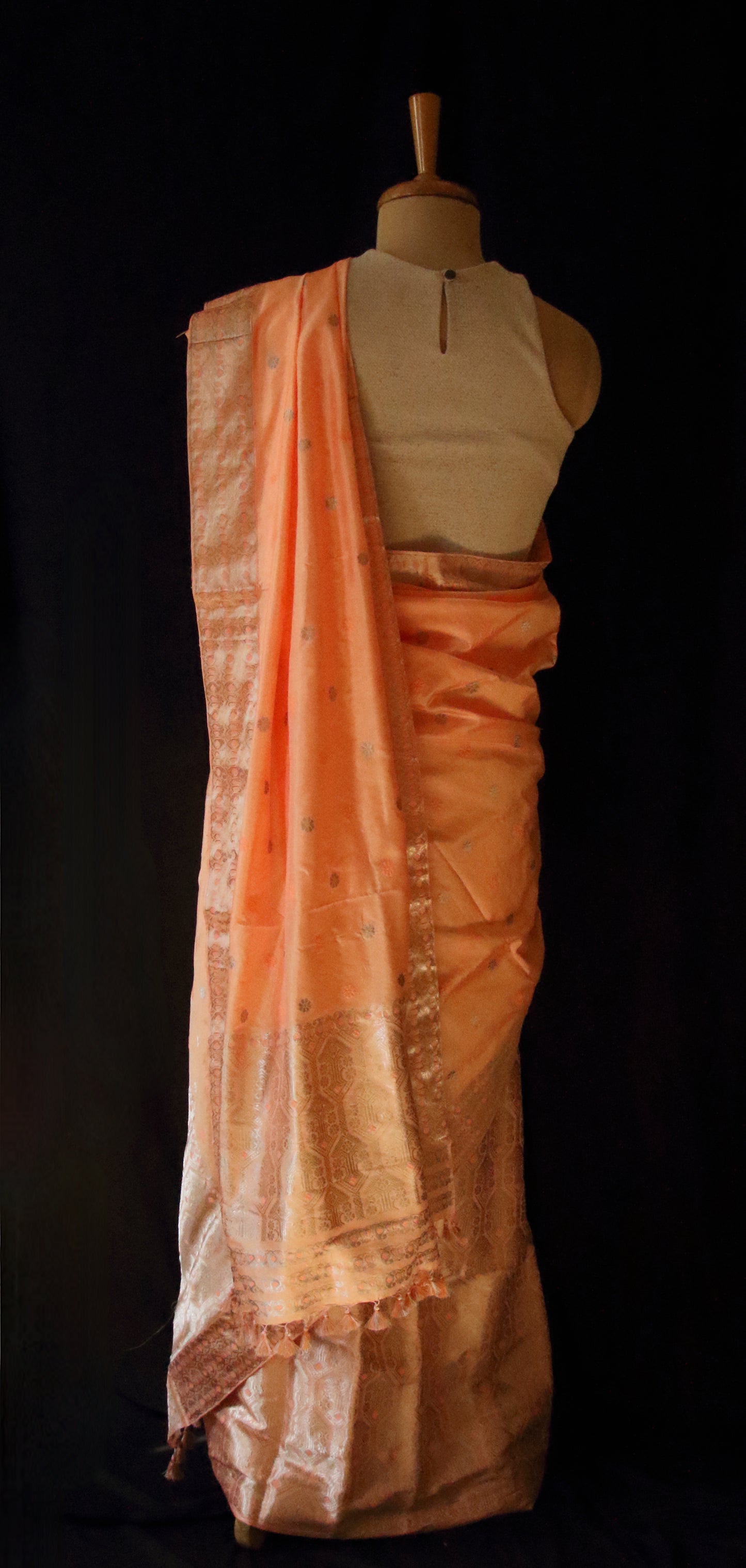 Peach Traditional Handloom Mulberry Silk Mekhla Chador Set from Assam