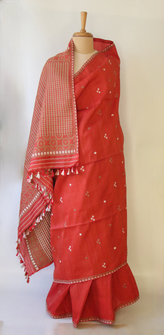 Rust Orange Natural dyed Handloom Silk Saree from Assam