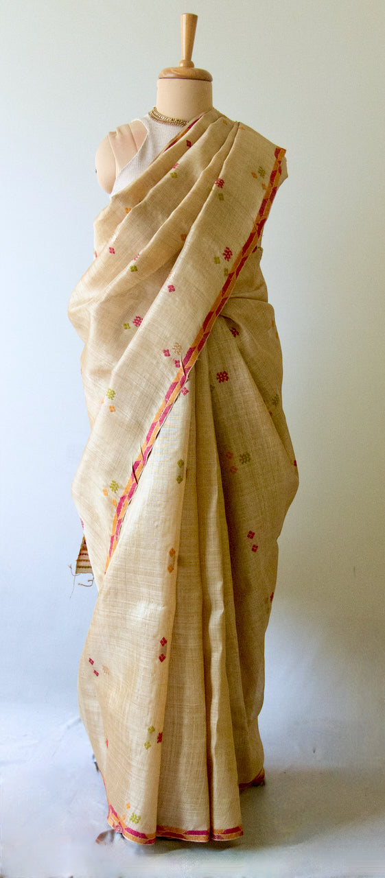 Muga Silk Saree with natural dyed Eri Silk  motifs from Assam