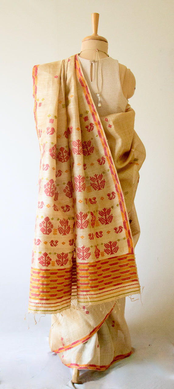 Muga Silk Saree with natural dyed Eri Silk  motifs from Assam