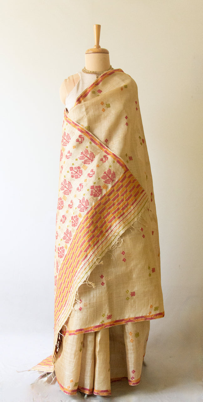 Muga Silk Saree with natural dyed Eri Silk  motifs from Assam