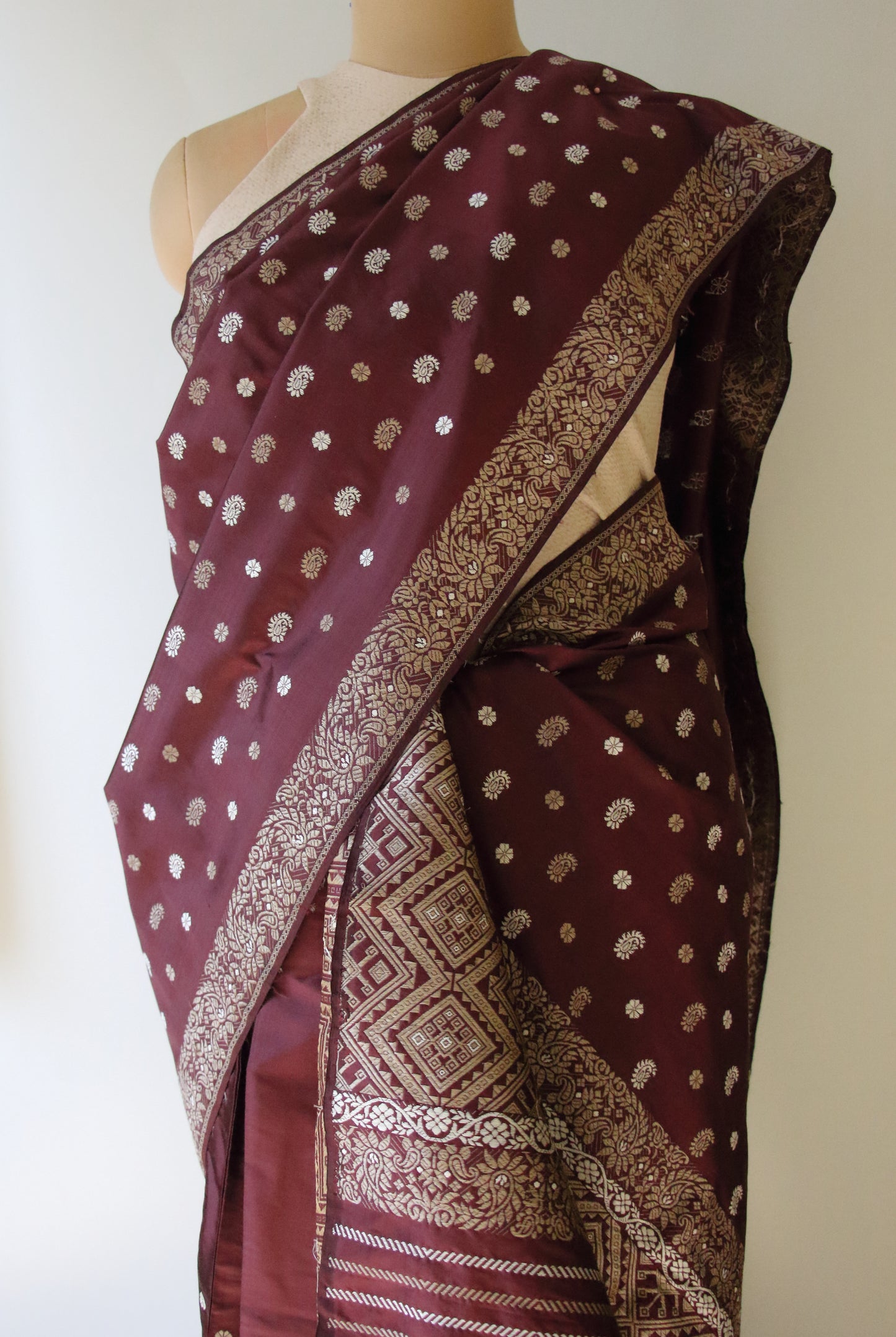 Maroon Natural Dyed  Mulberry Silk Mekhla Chador Set from Assam ,