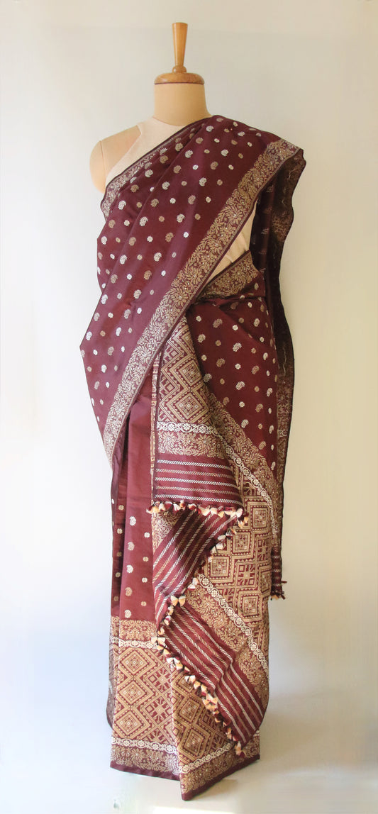 Maroon Natural Dyed  Mulberry Silk Mekhla Chador Set from Assam ,