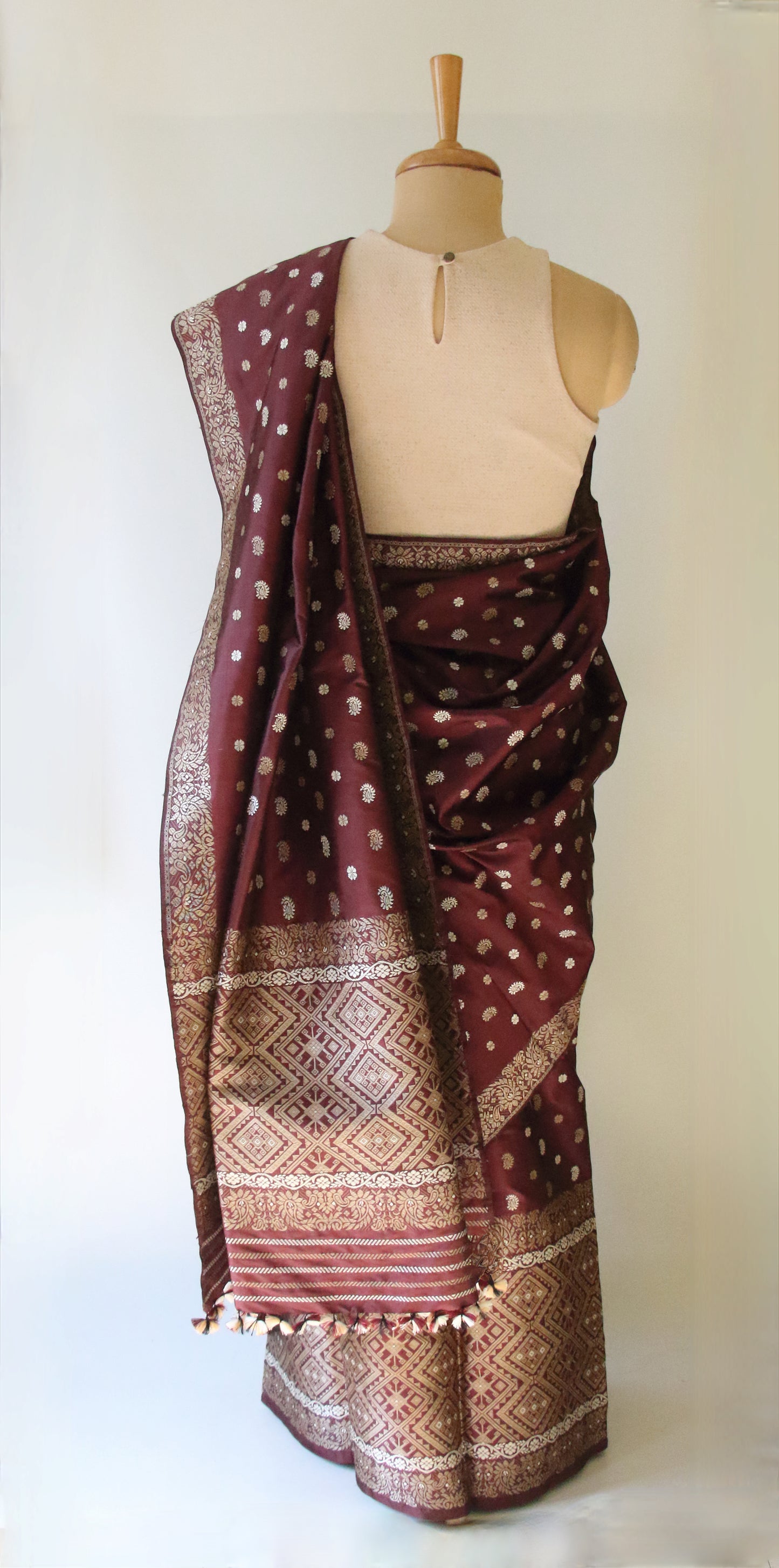 Maroon Natural Dyed  Mulberry Silk Mekhla Chador Set from Assam ,