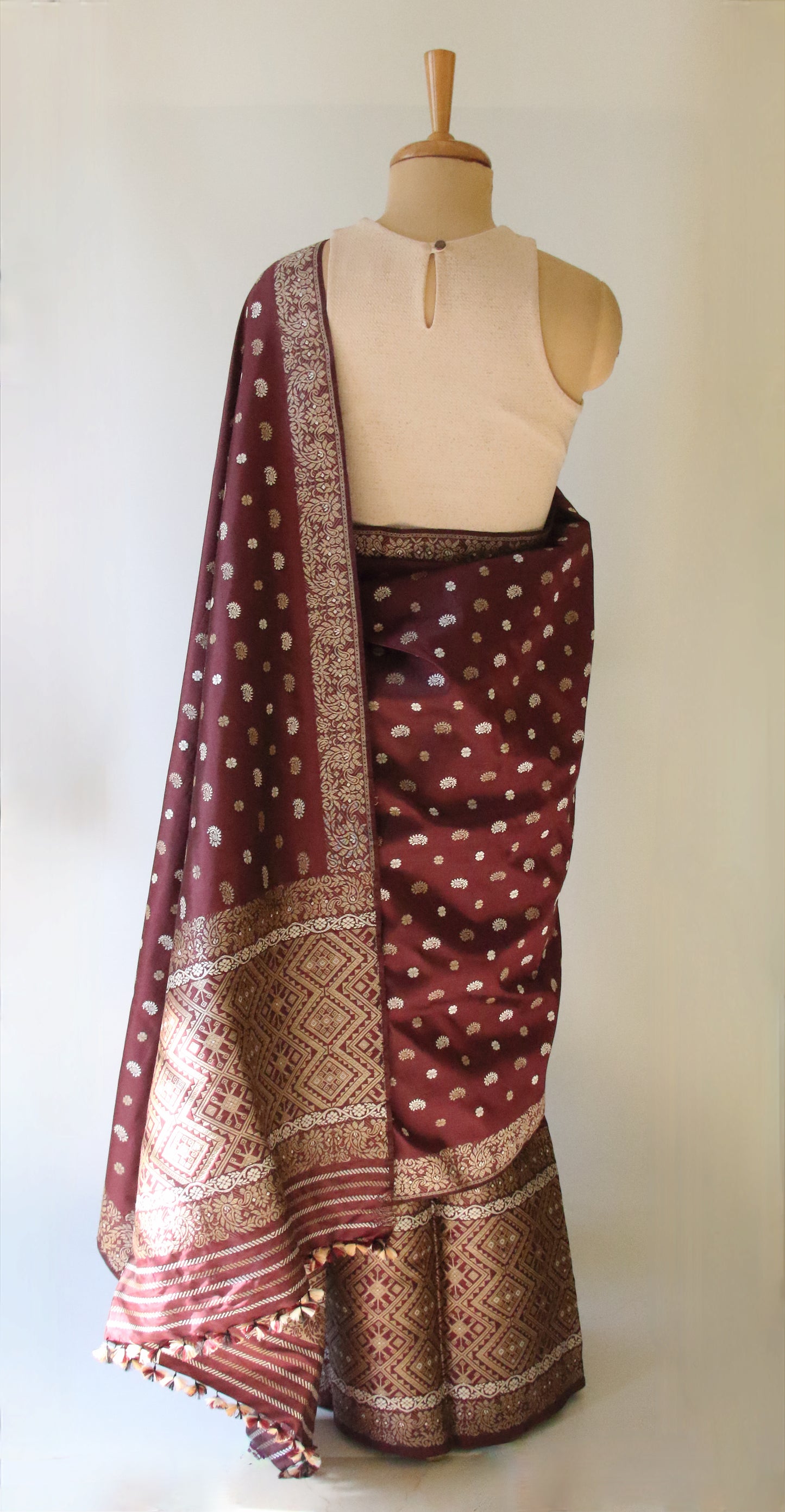 Maroon Natural Dyed  Mulberry Silk Mekhla Chador Set from Assam ,