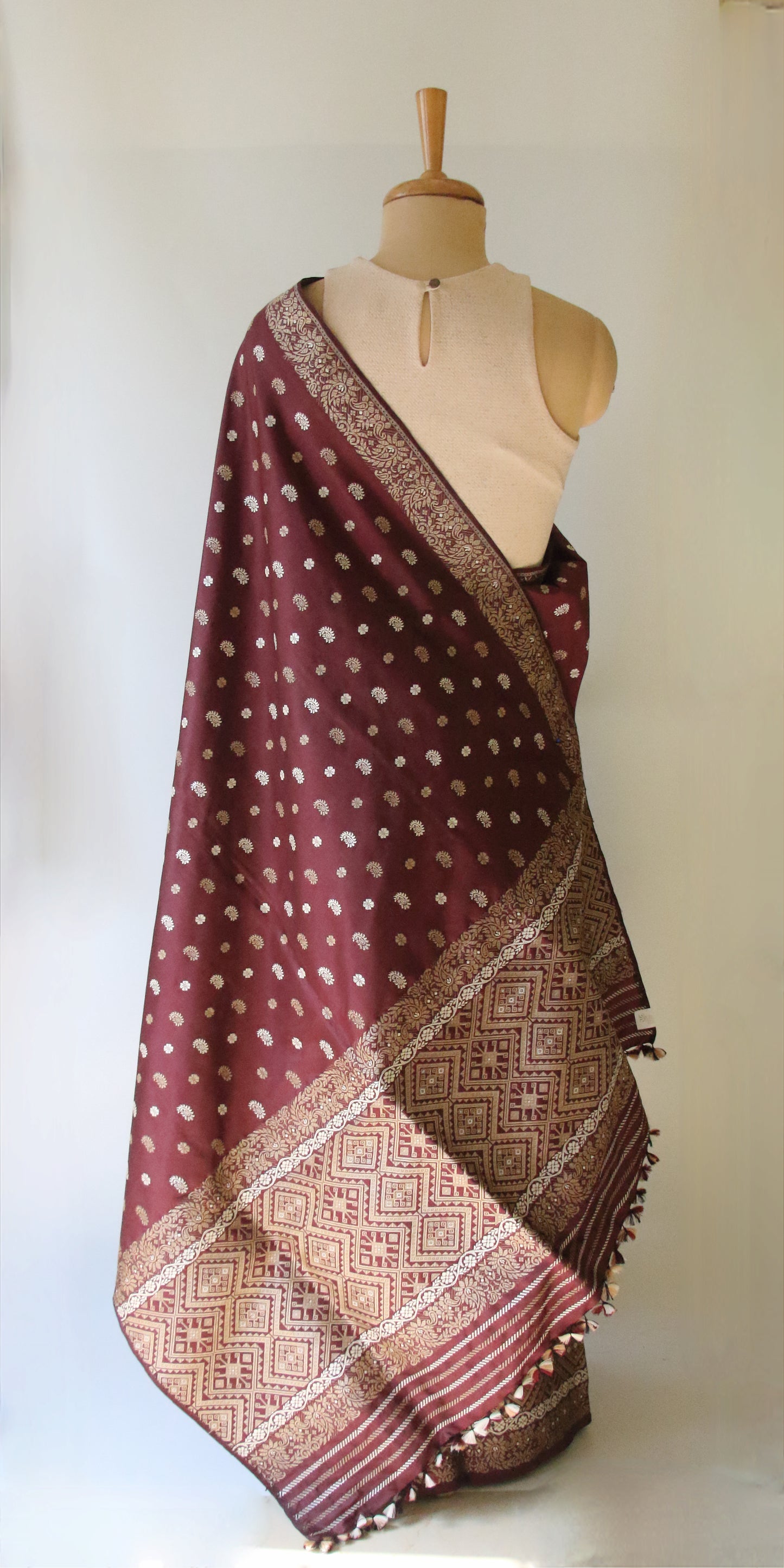 Maroon Natural Dyed  Mulberry Silk Mekhla Chador Set from Assam ,