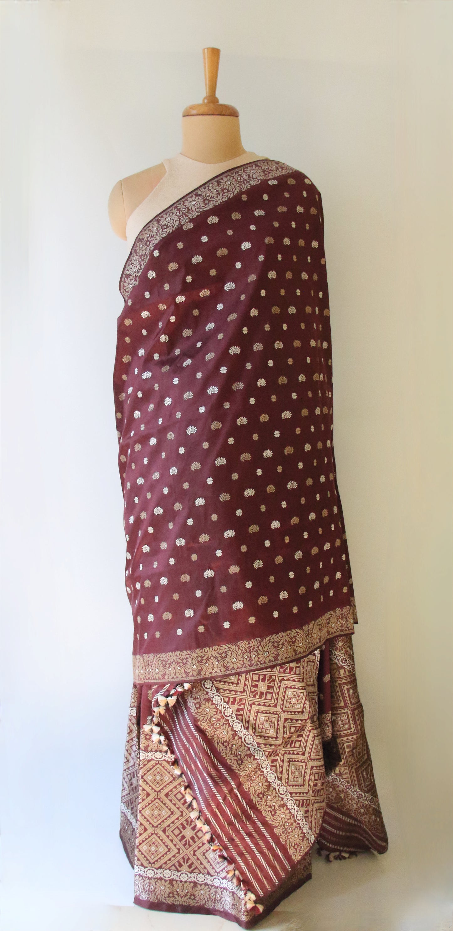 Maroon Natural Dyed  Mulberry Silk Mekhla Chador Set from Assam ,