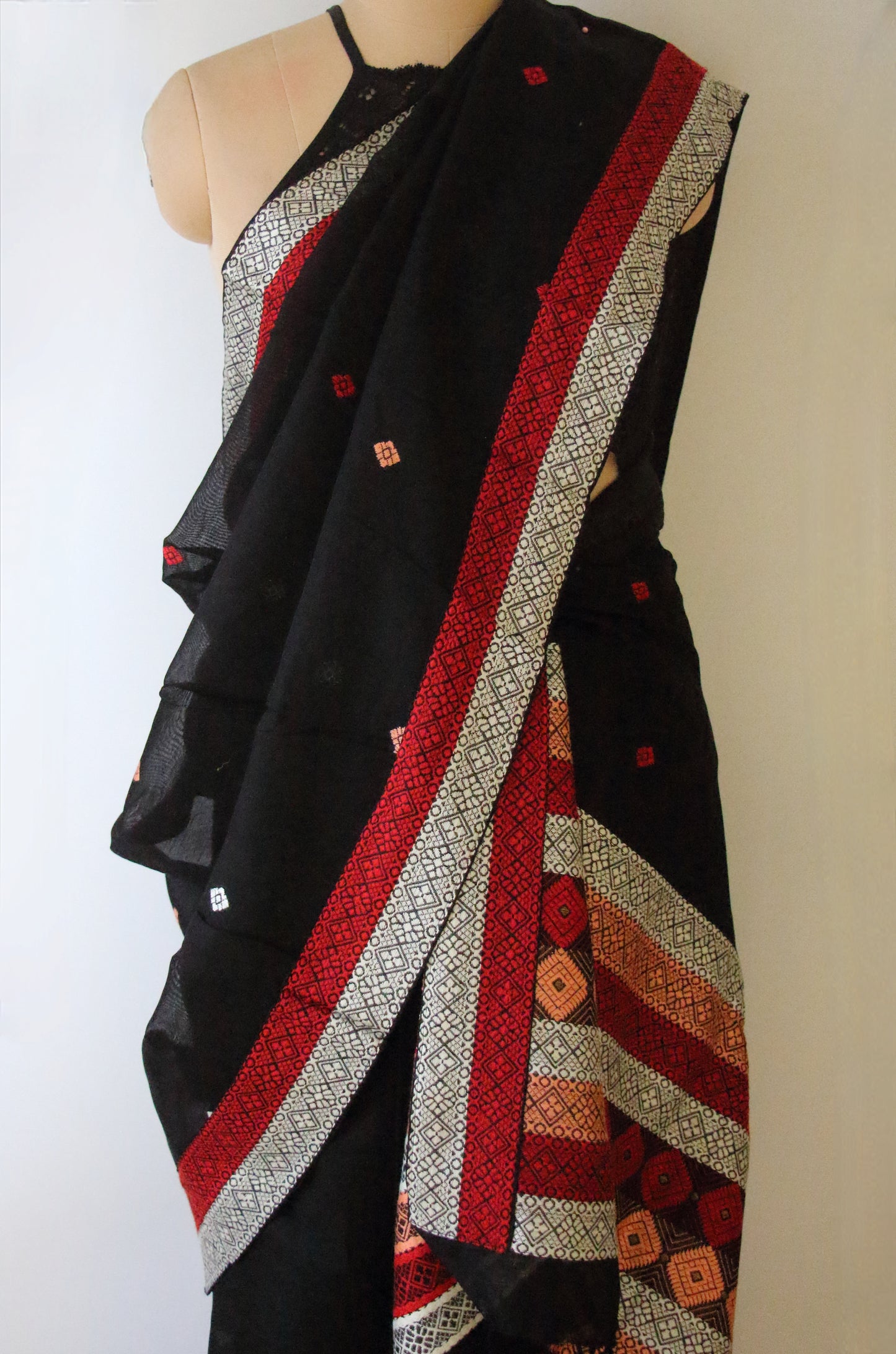 Black Cotton Silk Handloom Mekhela Chador Set from Assam