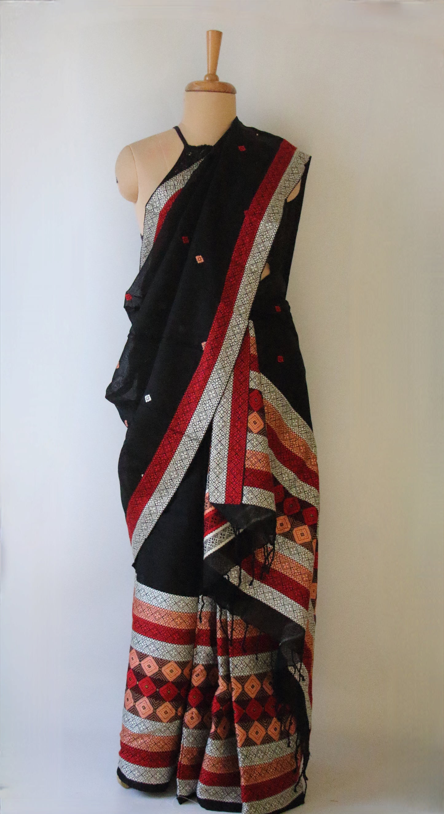 Black Cotton Silk Handloom Mekhela Chador Set from Assam