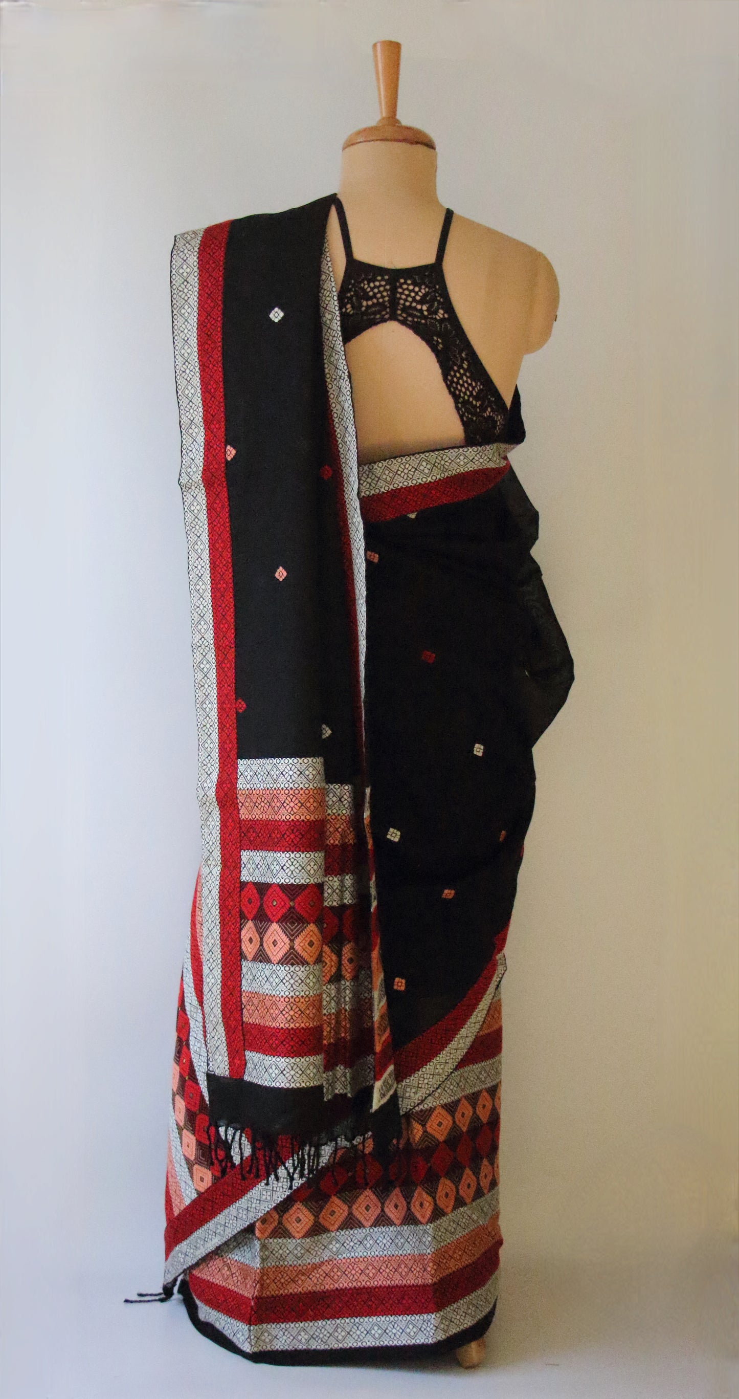 Black Cotton Silk Handloom Mekhela Chador Set from Assam